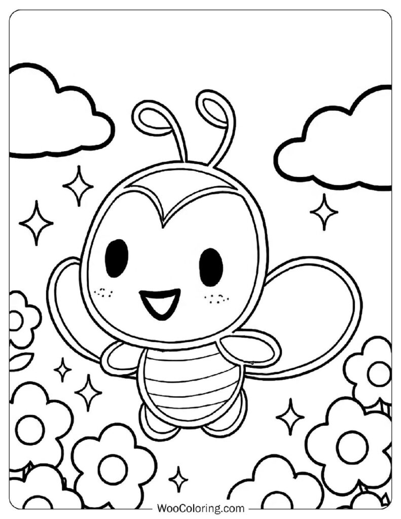 Sweetcoron Coloring Page for Kids cheerful Sanrio bee dancing among flower petals