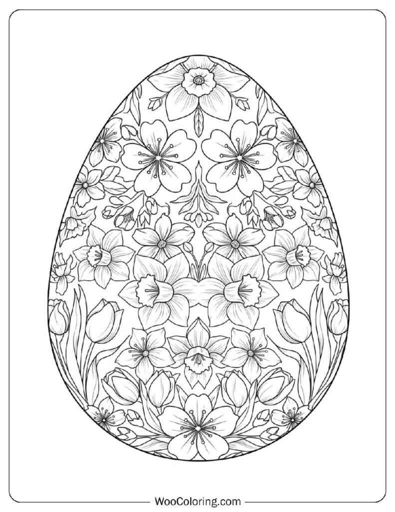 Symmetrical Mandala Egg with Spring Blossoms Coloring Picture