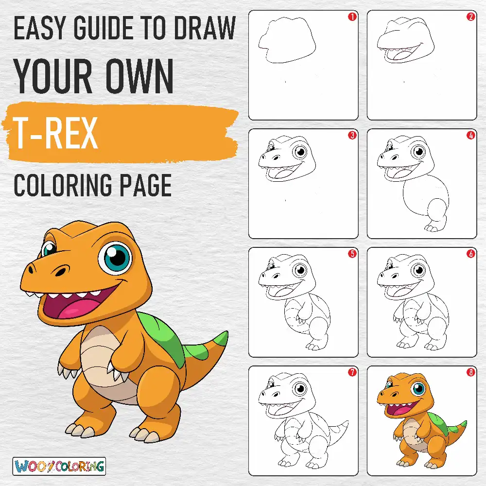 T-Rex coloring page drawing guide