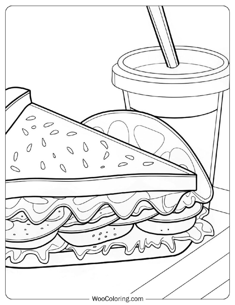 Food coloring page of Tasty Sandwich And Soda