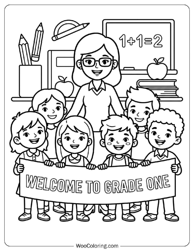 Teachers and Students Holding a Welcome to Grade One Banner