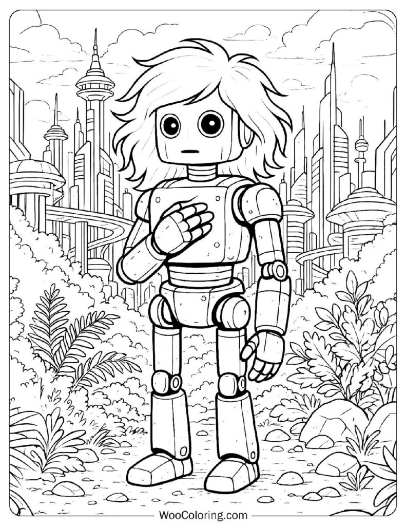 Teen Robot in the City of the Future Coloring Page