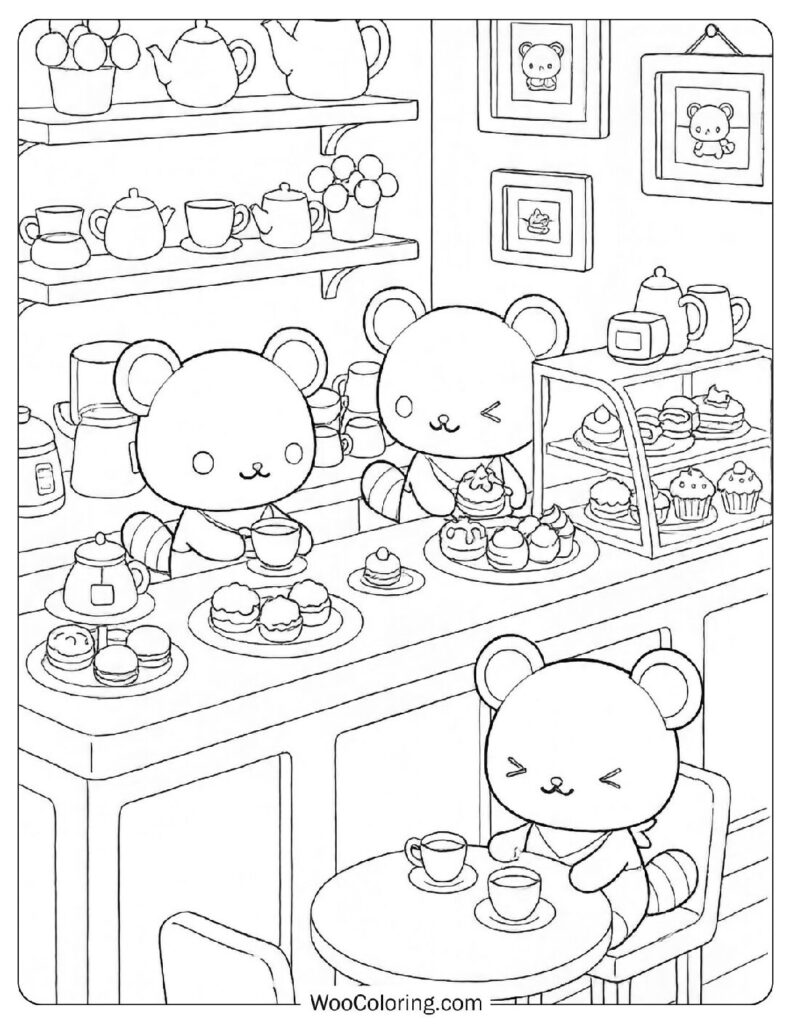 Tenorikuma Sanrio red panda running his cozy café with Latte and Maple