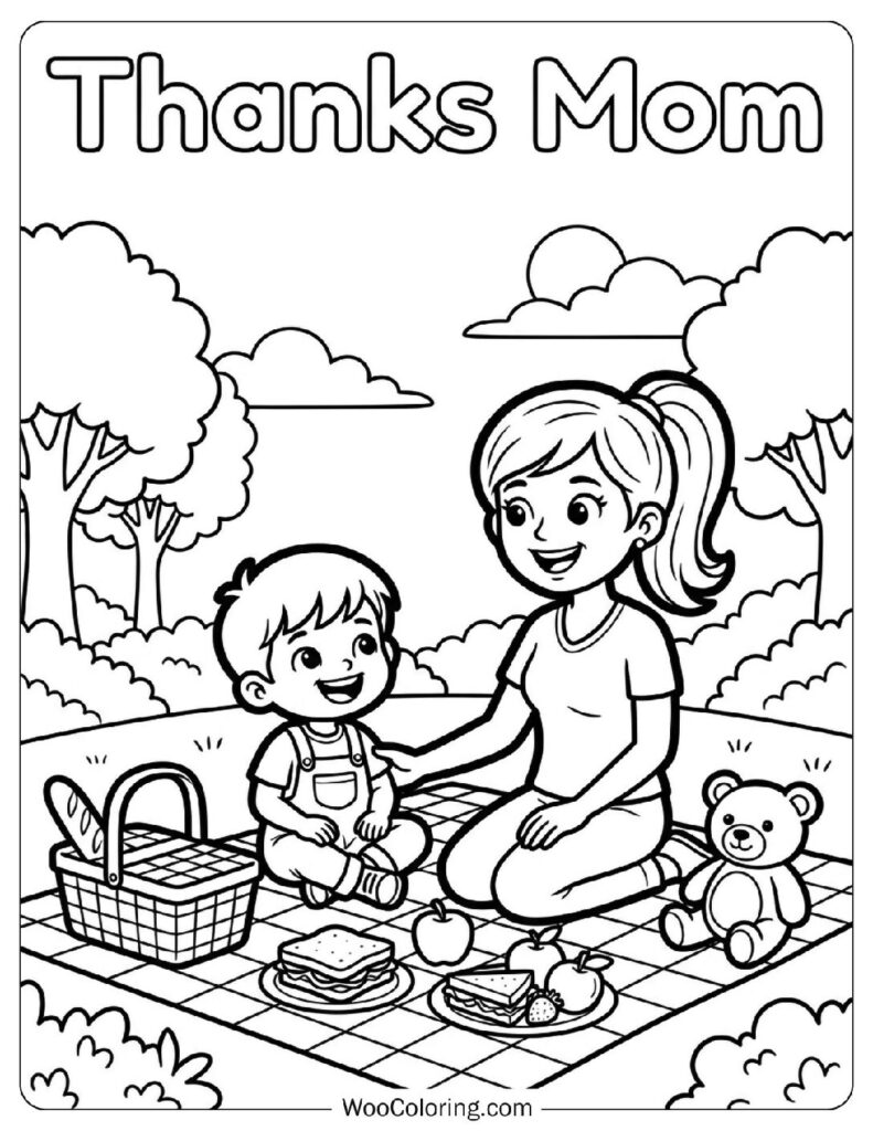 Thanks Mom Words Above a Mother and Child Picnic Scene