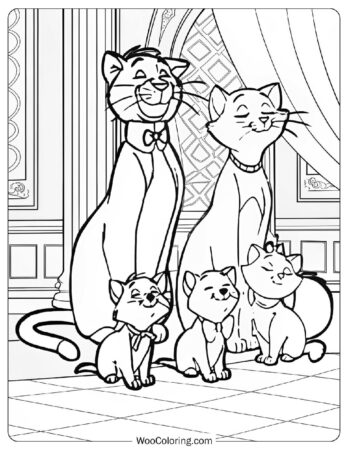 The Aristocats with Duchess, Thomas O'Malley, Toulouse, Berlioz, and Marie Coloring Page