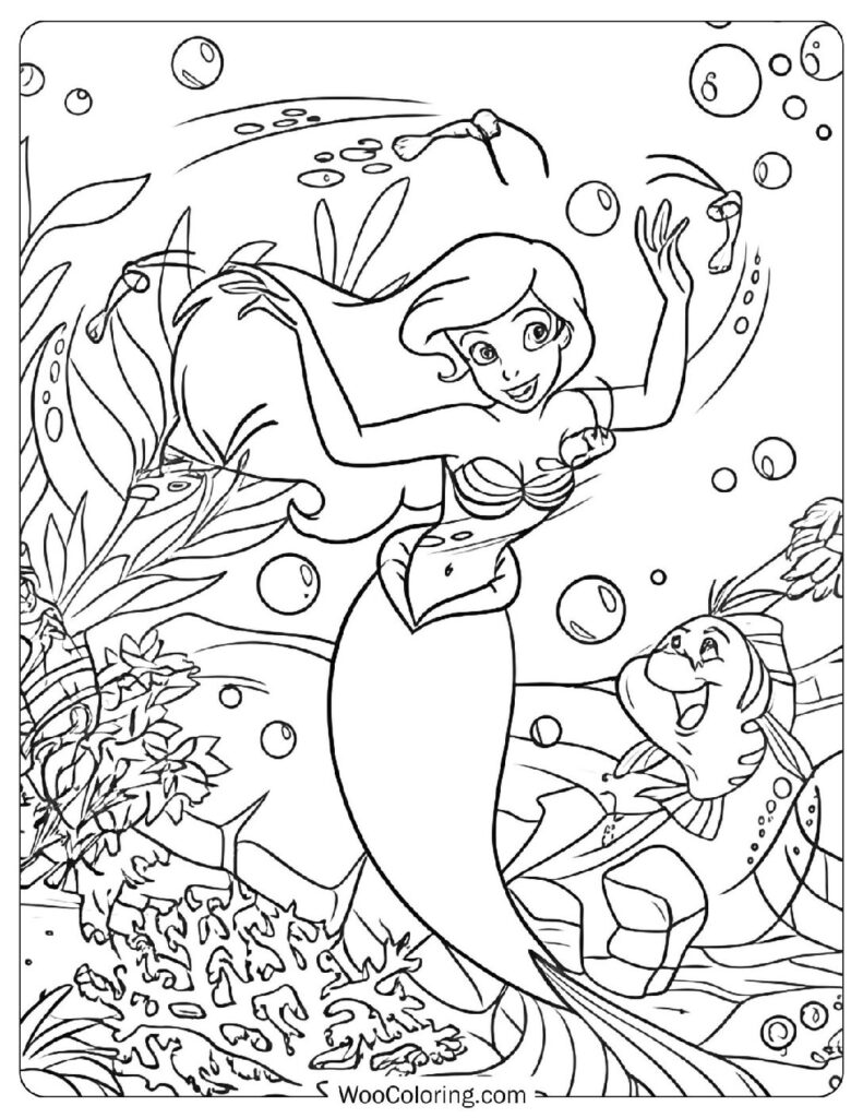 The Little Mermaid Ariel and Flounder Underwater Coloring Page