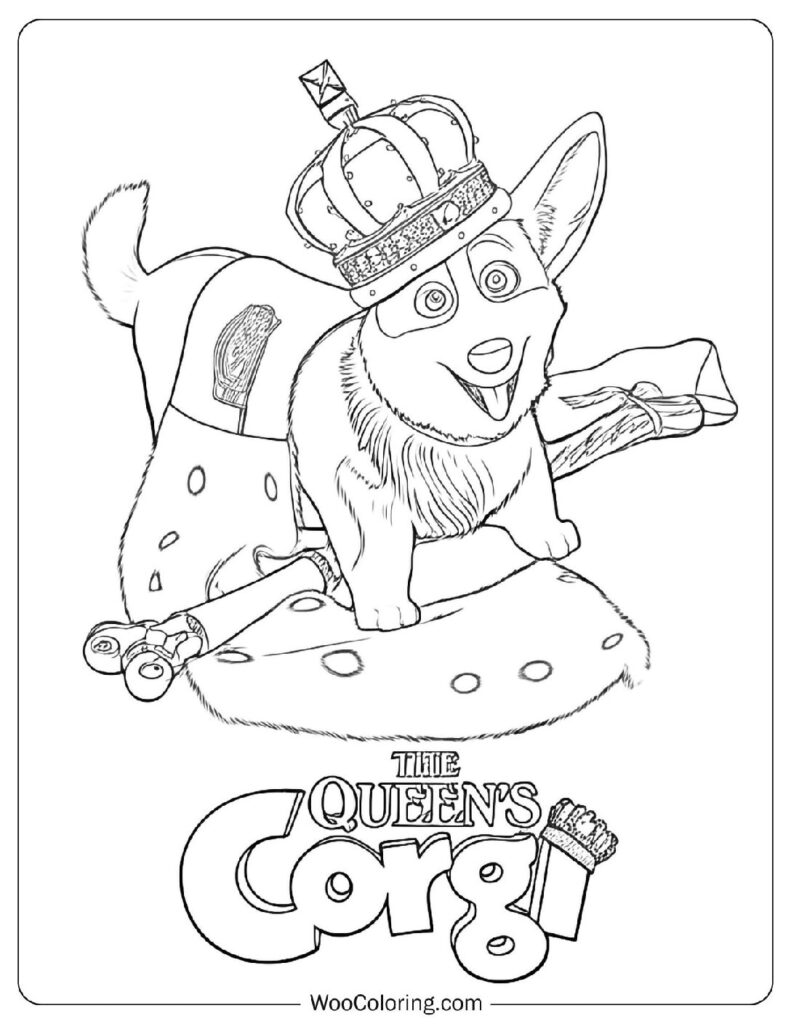 Royal Corgi Sitting Tall with a Crown in a Regal Palace Room Coloring Page