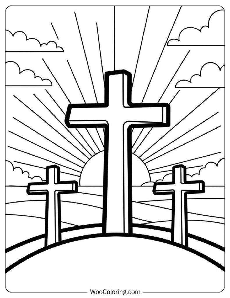 Three Crosses on the Hill at Sunrise Coloring Sheet for Kids