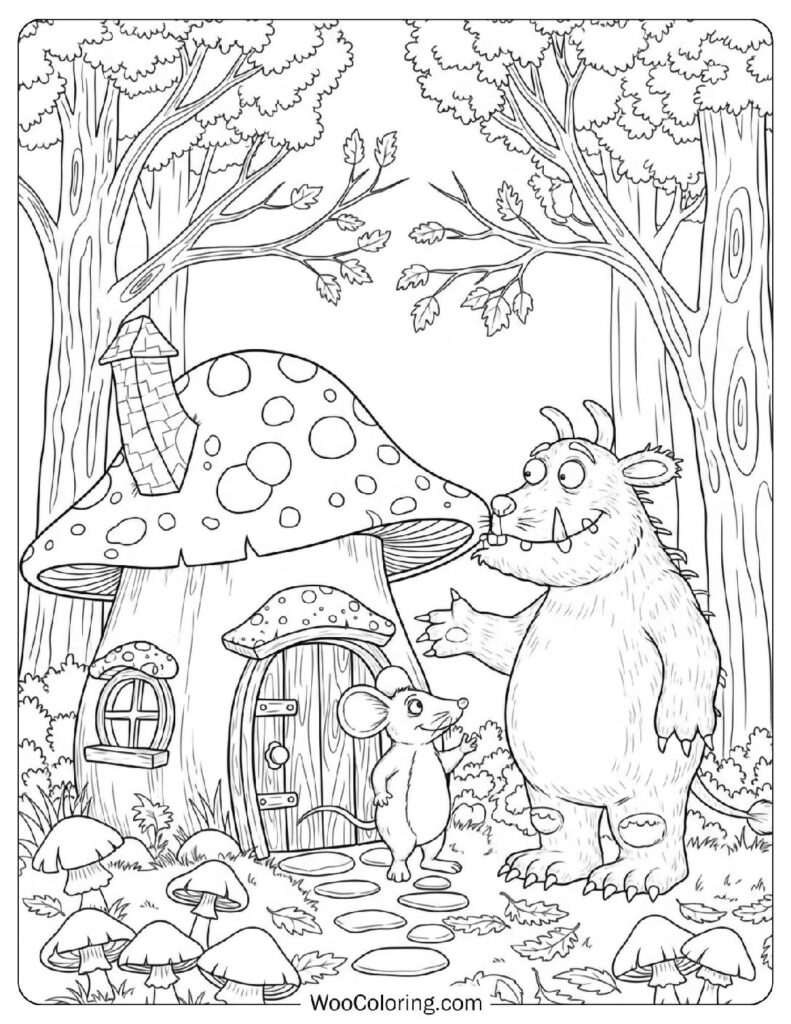Toadstool Cottage with the Mouse and the Gruffalo in Autumn woods