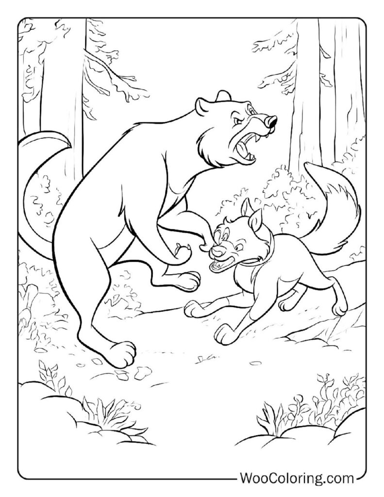 Tod and Copper Fight Bear Coloring Sheet
