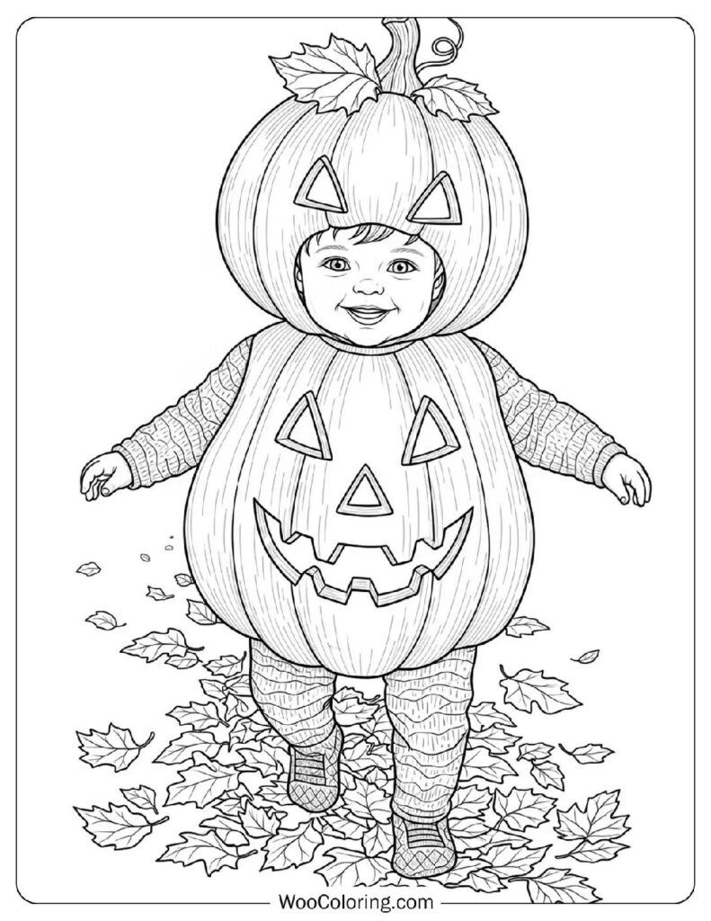 Toddler in Pumpkin Costume coloring page