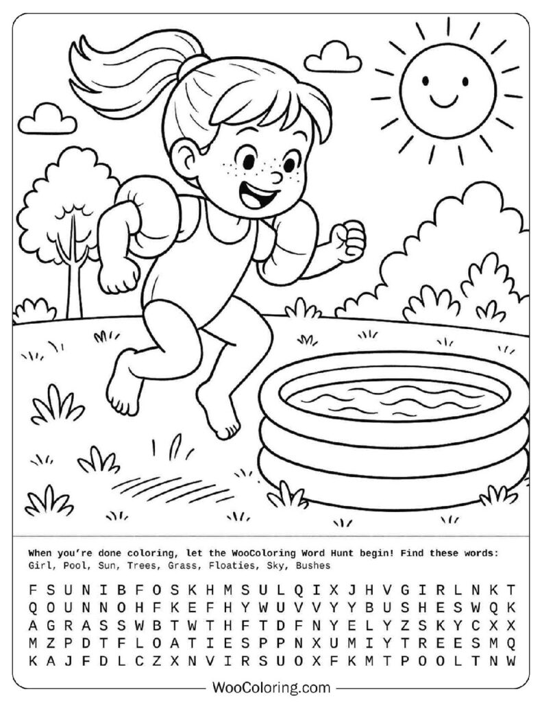 Summer coloring page of girl in swimsuit jumping into inflatable pool under smiling sun