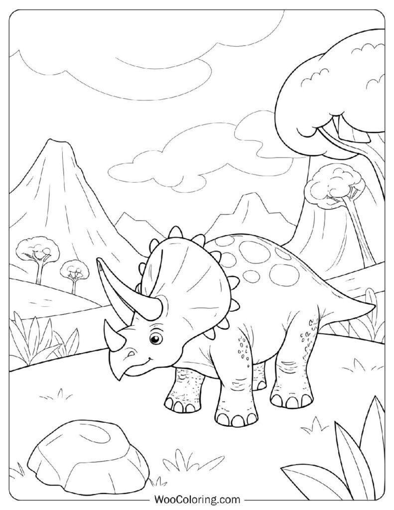 Triceratops Grazing Near Volcanoes Picture To Color