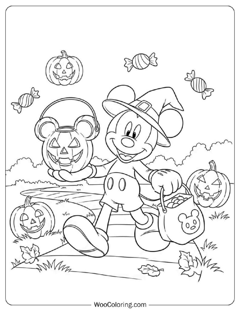 Trick or Treat With Mickey Mouse Coloring Sheet for Kids