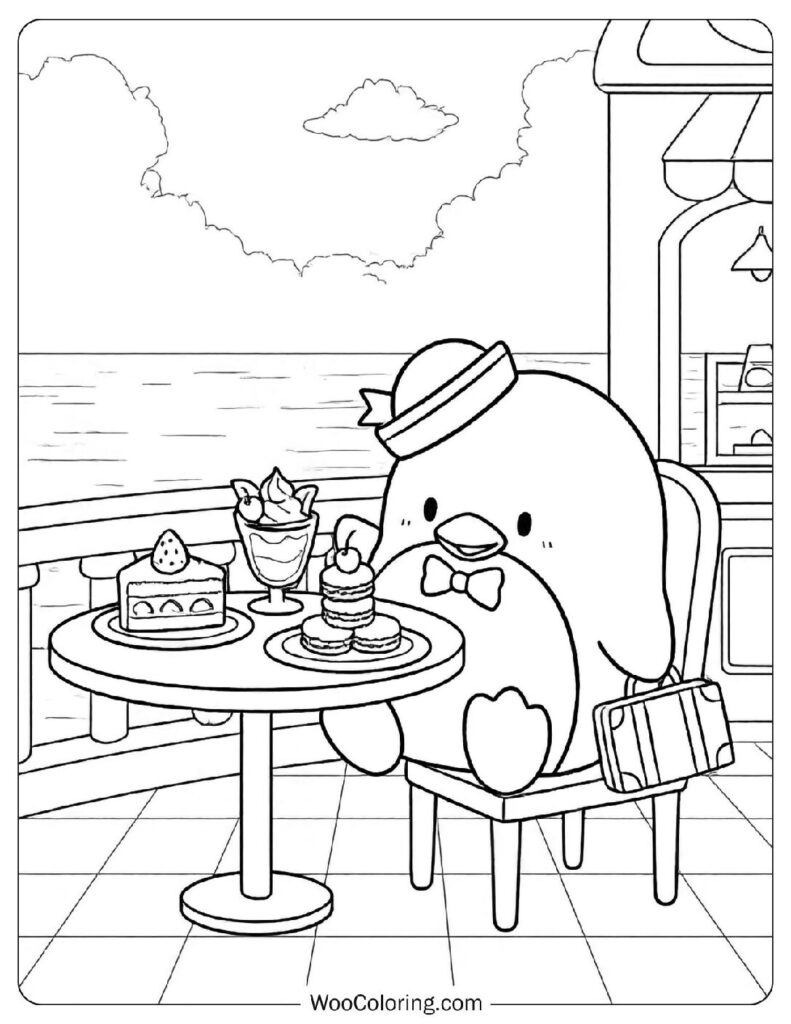 Tuxedo Sam Coloring Page cheerful Sanrio penguin enjoying desserts by the seaside café