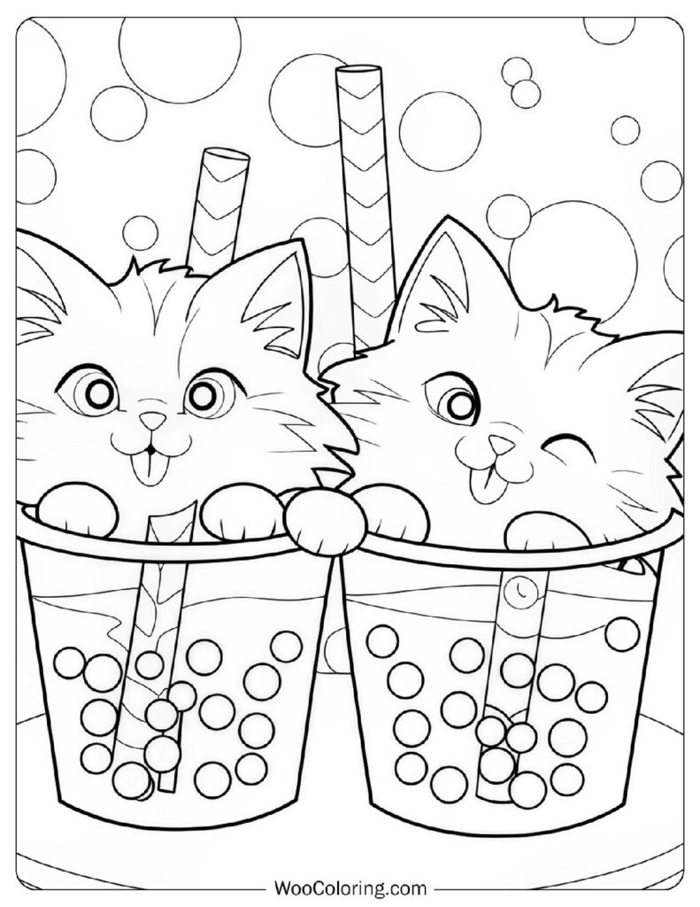 Two Adorable Kittens Inside Boba Tea Cups Coloring Picture