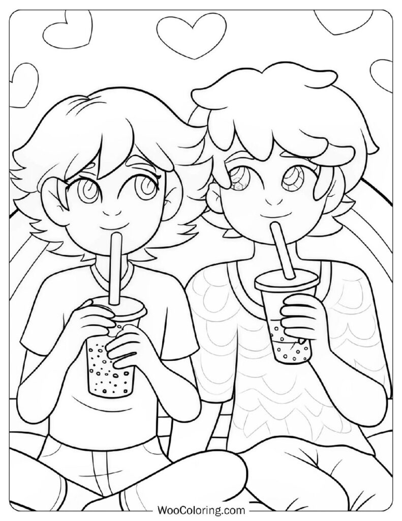 Two Boys With Long Hair Drinking Boba Tea Fun Time Coloring Sheet