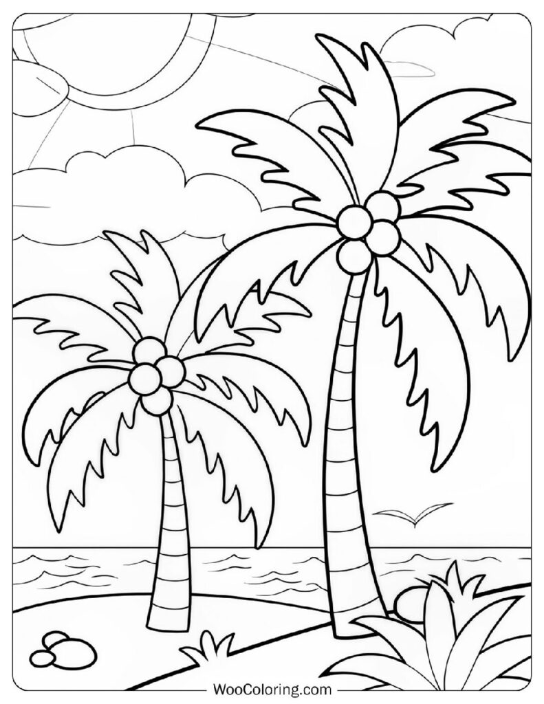 Two Large Coconut Trees On A Paradise Island Coloring Sheet