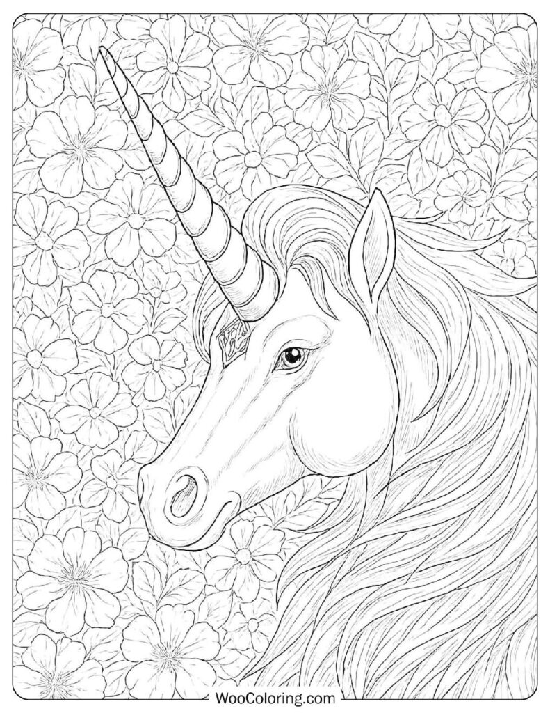 Unicorn Line Art Coloring Page With Floral Background For Adults