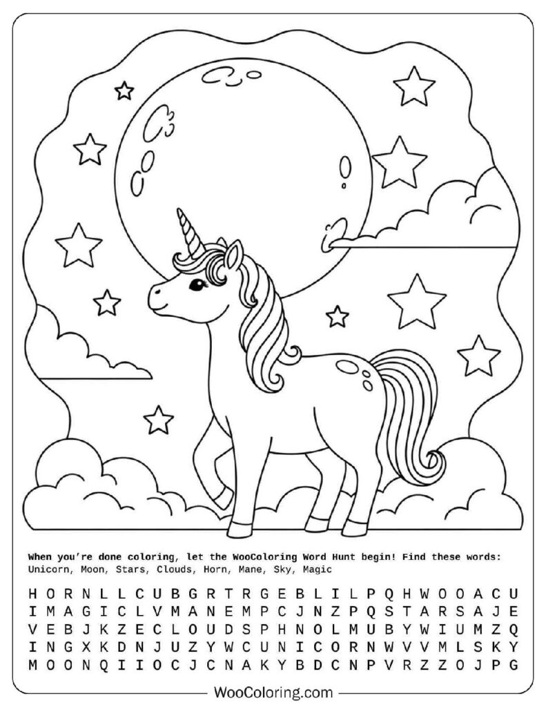 Unicorn Standing Under Full Moon Coloring Sheet for Preschoolers