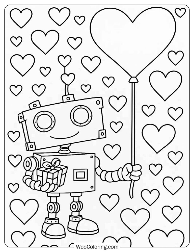 Valentine Robot With Heart Balloon Coloring Page