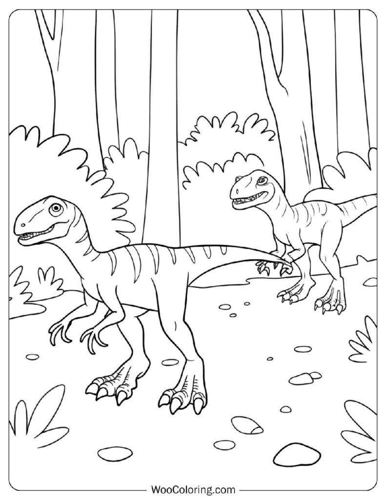 Velociraptor Tracks Through the Forest Coloring Sheet For Preschoolers