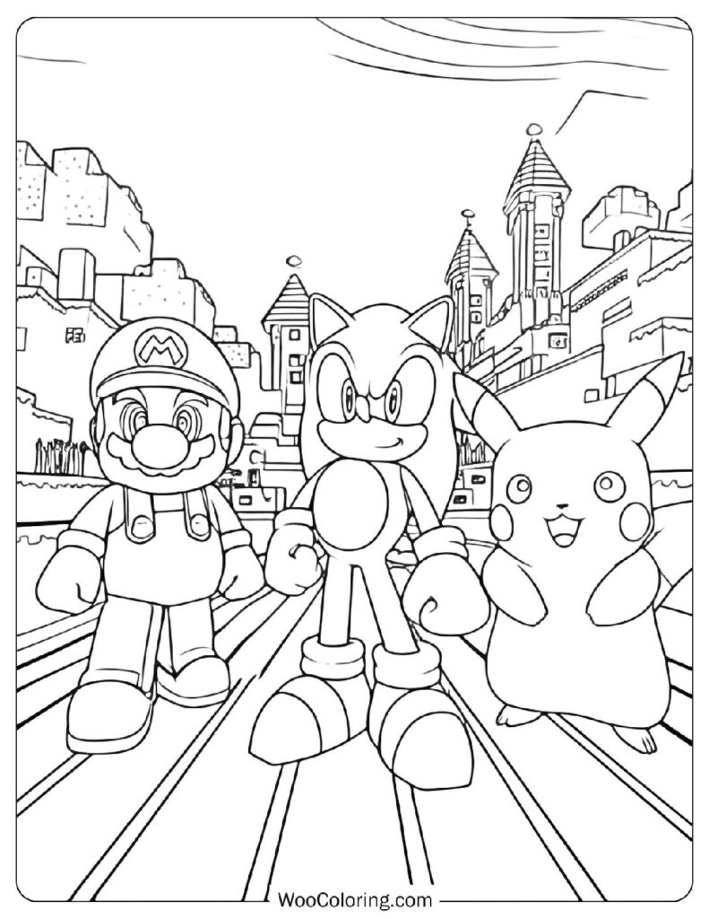 Video Game Characters Mario, Sonic And Pikachu Coloring Sheet For Boys