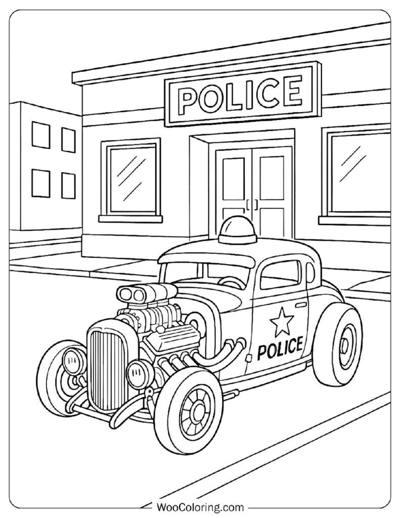 Vintage Police Hot Rod Car at Police Station Coloring Sheet For Kids