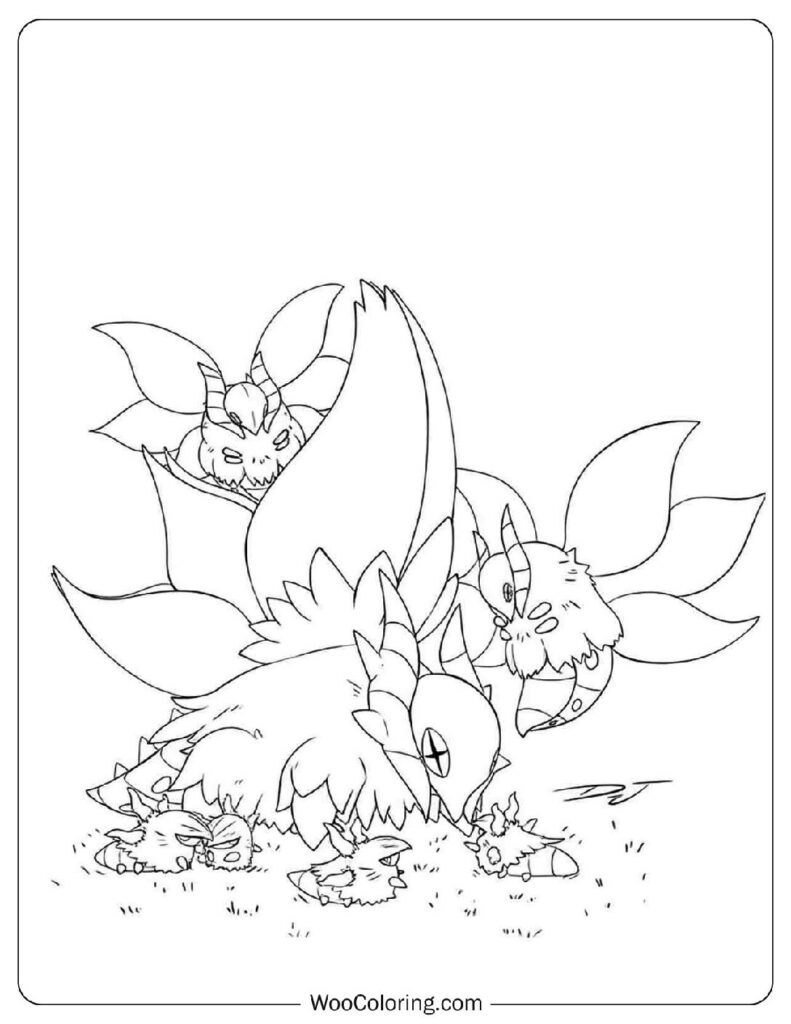 Volcarona With Larvesta Family in a Peaceful Pokémon Scene