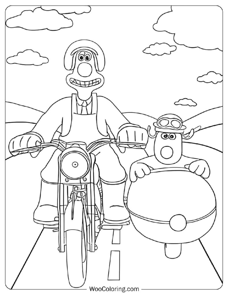 Wallace and Gromit Riding a Motorcycle Through the Countryside in a Whimsical Scene