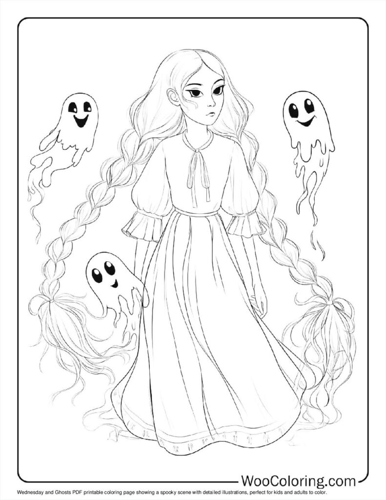 Wednesday and Ghosts Coloring Page For Kids