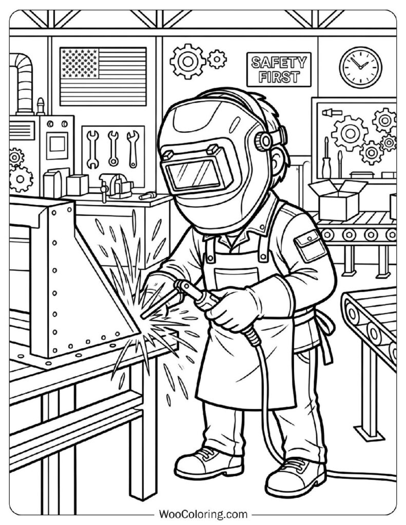 Welder in Safety Gear with Sparks Flying in American Factory