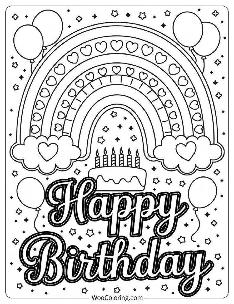 Whimsical Happy Birthday Illustration With Rainbow For Kids Coloring
