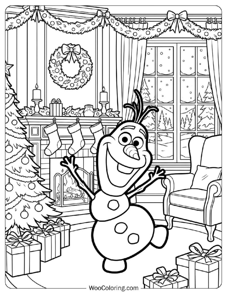 Winter Christmas Room with Fireplace and Snowy Window