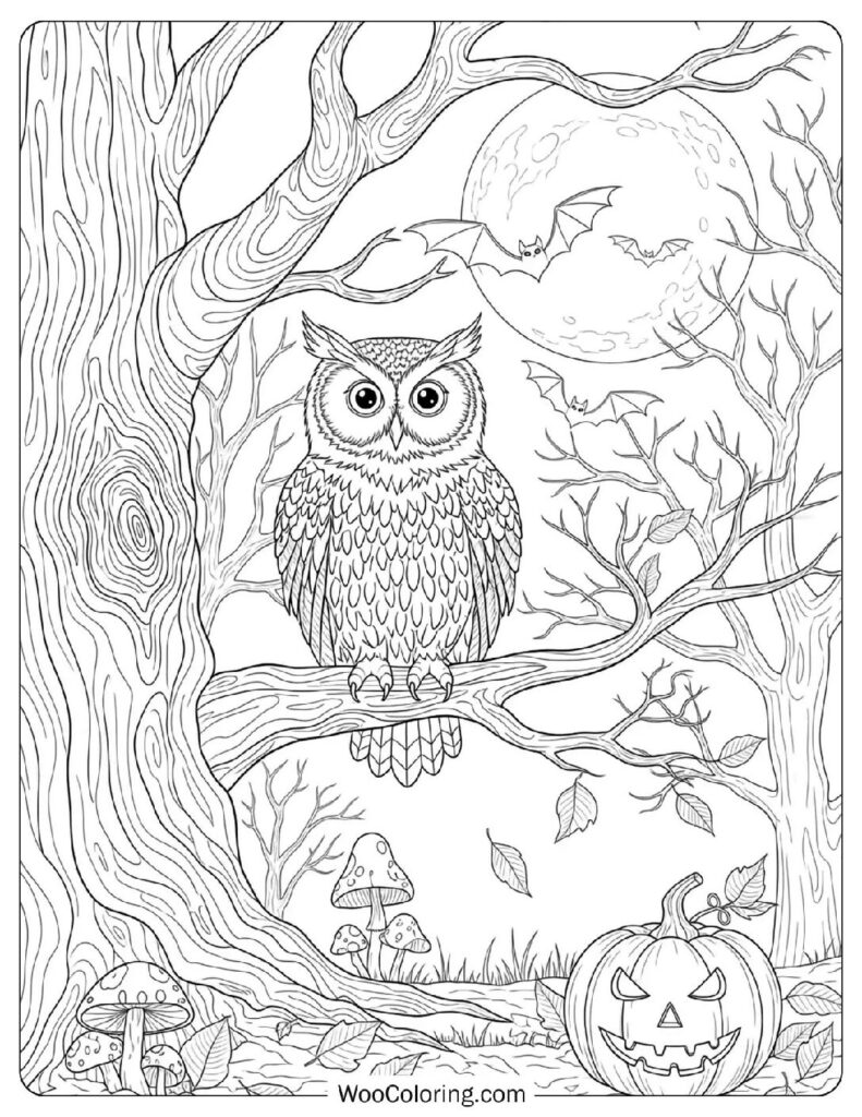 Wise Owl on Halloween Night coloring page