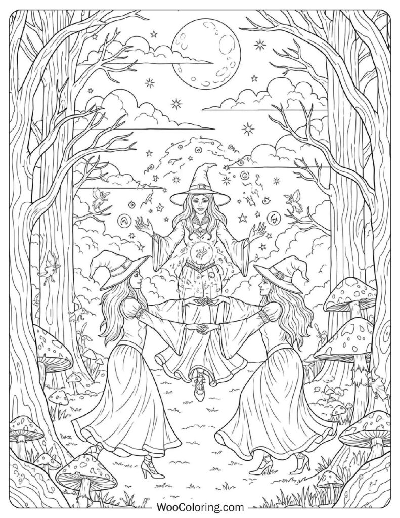 Witch Coven at Midnight coloring page