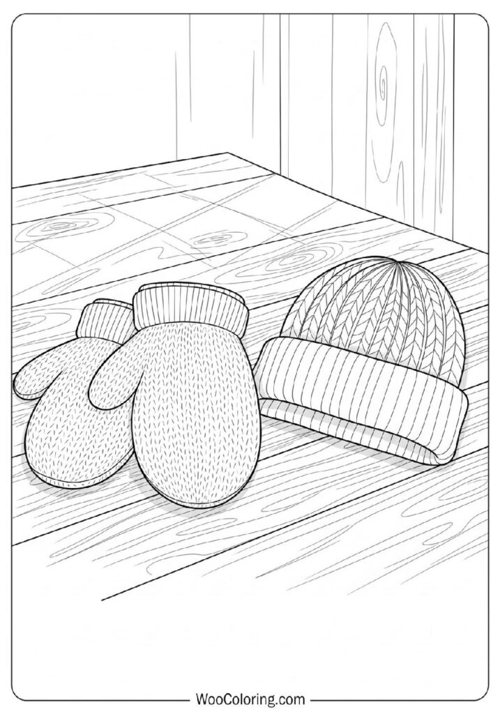 Wool Mittens and Knitted Hat Placed Neatly on a Wooden Table