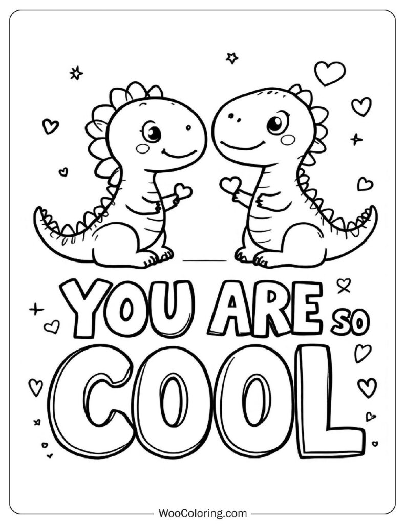 You Are So Cool Coloring Page For Kids With Cute Dinosaurs And Hearts