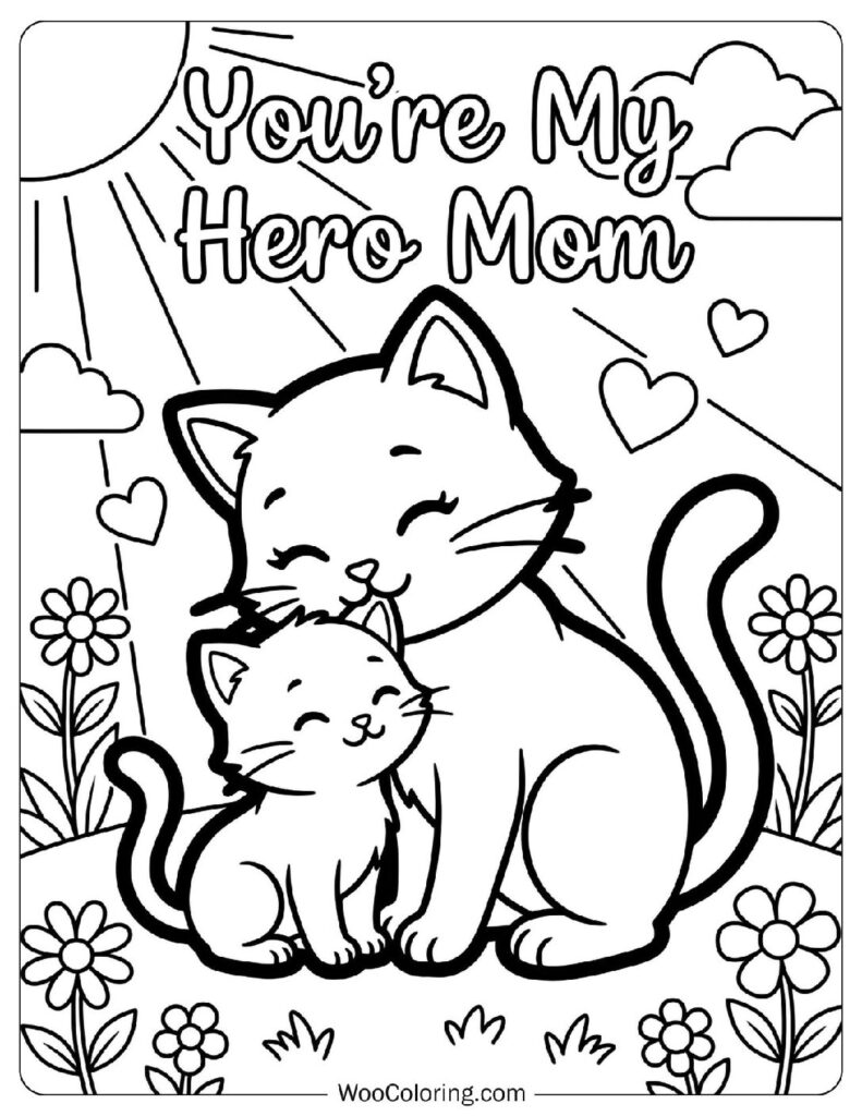 You’re My Hero Mom Words with a Mama Cat and Kitten